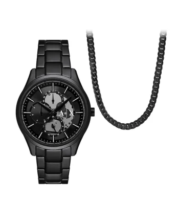 Set de ceas quartz si lant, Negru