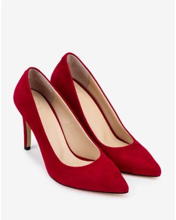 Pantofi dama NUR din piele intoarsa rosie cu toc subtire