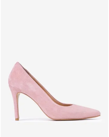 Pantofi dama NUR din piele intoarsa roz pudra cu toc subtire