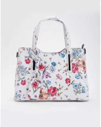 Geanta dama din piele naturala alba cu detalii florale
