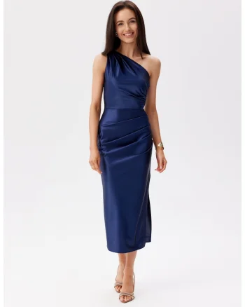 Rochie din satin cu slit lateral Elen, Bleumarin