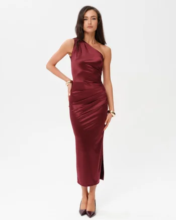 Rochie din satin cu slit lateral Elen, Visiniu