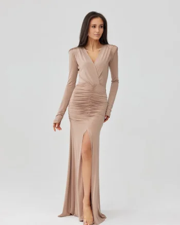 Rochie maxi drapata cu umeri intariti Ariella, Bej