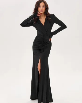 Rochie maxi drapata cu umeri intariti Ariella, Negru