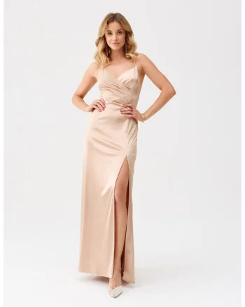 Rochie maxi cu slit lateral Alessandra, Bej