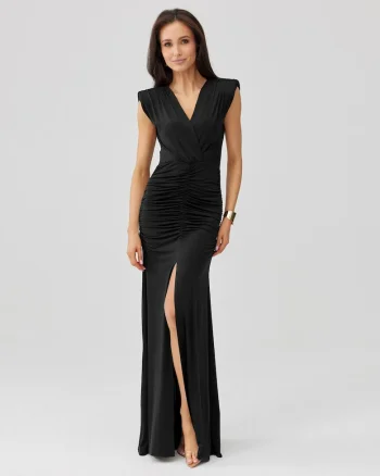 Rochie maxi drapata cu decolteu in V Noelia, Negru