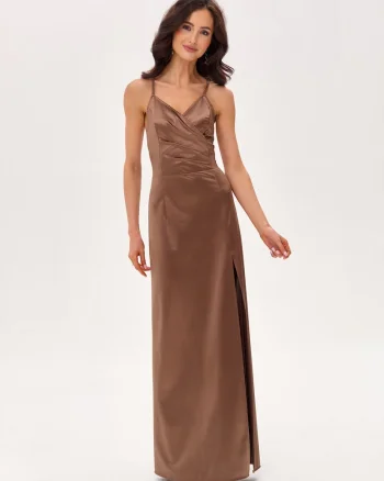 Rochie maxi cu slit lateral Alessandra, Maro deschis
