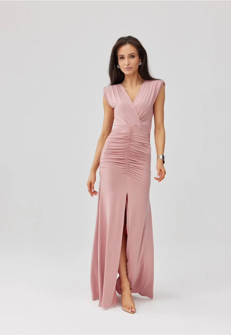 Rochie maxi drapata cu decolteu in V Noelia, Roz