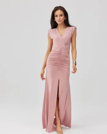 Rochie maxi drapata cu decolteu in V Noelia, Roz