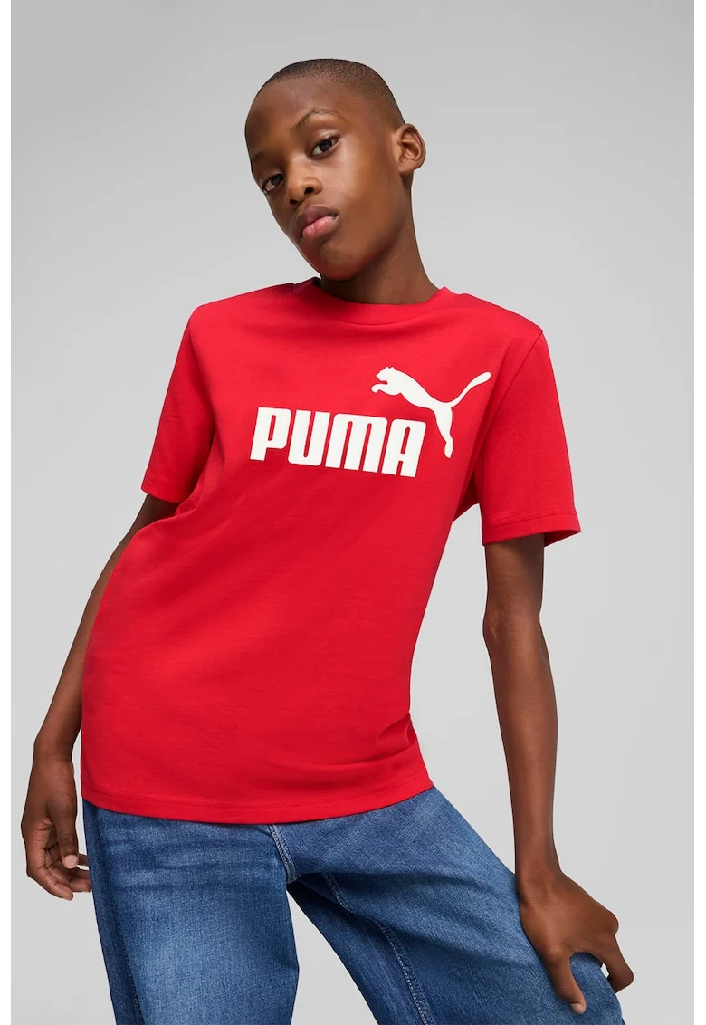 Tricou de bumbac cu decolteu la baza gatului si logo ESS No 1, Rosu/Alb