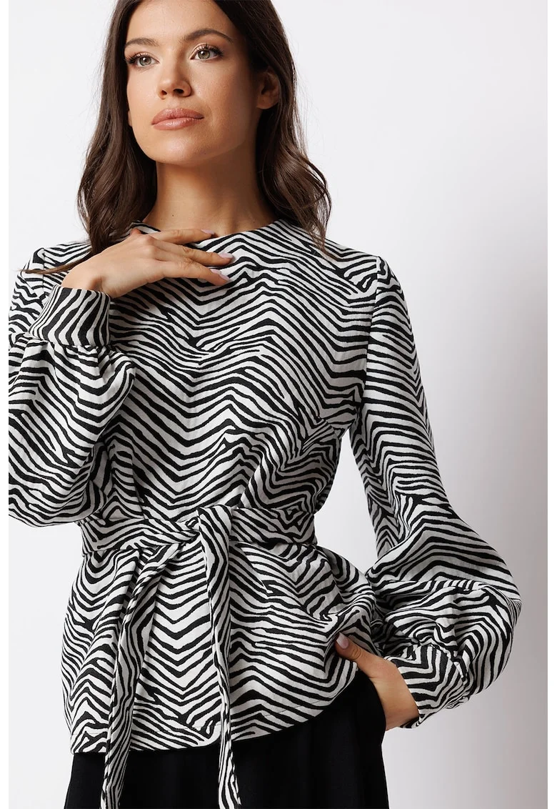 Bluza cu animal print si maneci bufante Sienna, Alb/Negru
