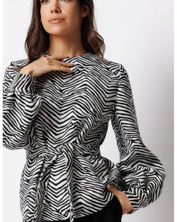 Bluza cu animal print si maneci bufante Sienna, Alb/Negru