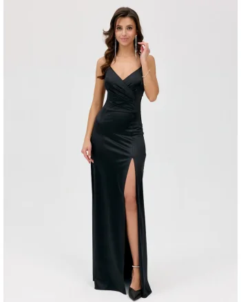 Rochie maxi cu slit lateral Alessandra, Negru