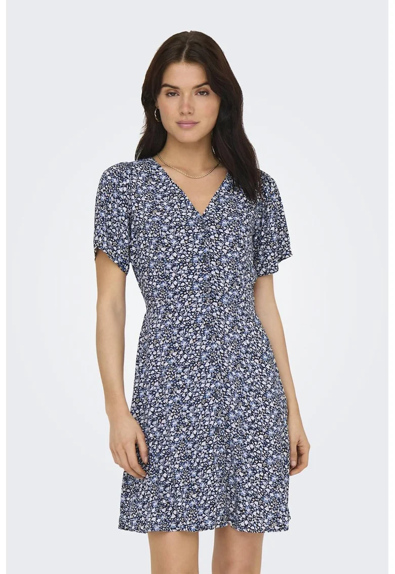 Rochie cu imprimeu floral si decolteu in V Evida, Albastru prafuit/Alb murdar