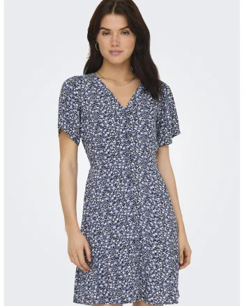 Rochie cu imprimeu floral si decolteu in V Evida, Albastru prafuit/Alb murdar