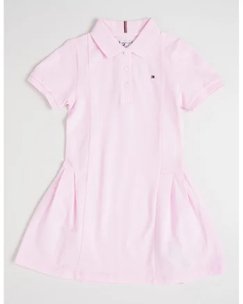 Rochie evazata cu guler polo si pliuri, Roz pastel