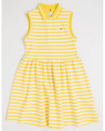 Rochie evazata cu guler polo, fara maneci, Alb/Galben sofran