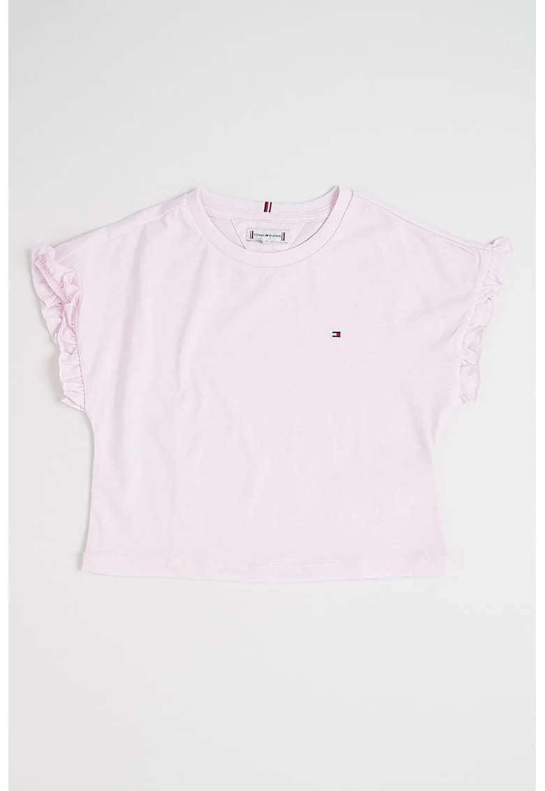 Tricou cu decolteu la baza gatului si terminatii cu volane Essential, Roz deschis