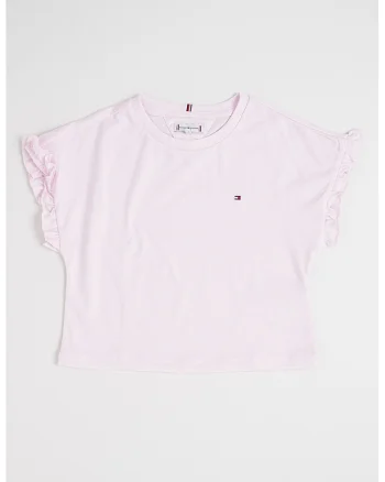 Tricou cu decolteu la baza gatului si terminatii cu volane Essential, Roz deschis