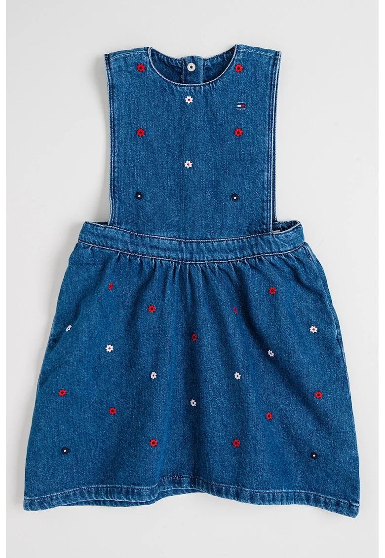 Rochie-sarafan din denim cu flori brodate, Albastru inchis