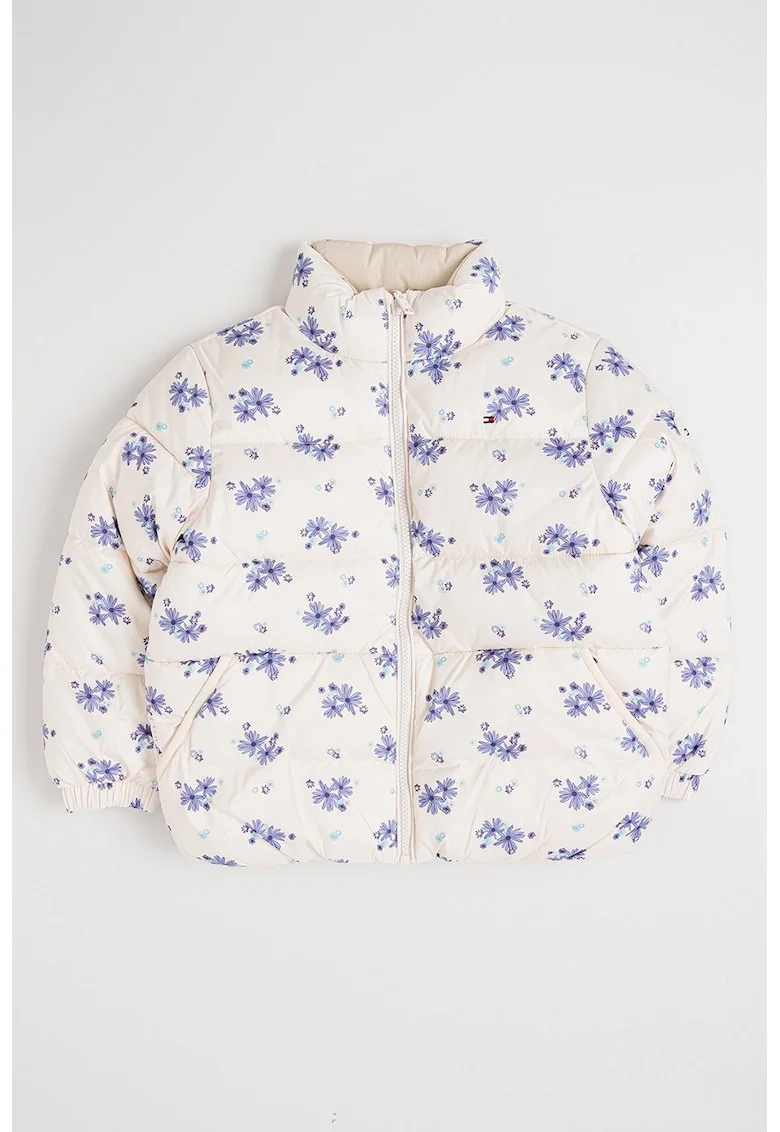 Jacheta bufanta cu model reversibil si imprimeu floral, Alb fildes/Ametist