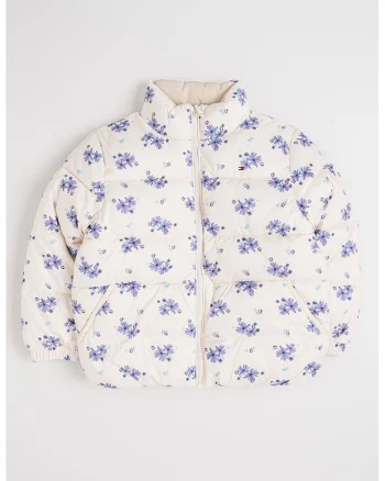 Jacheta bufanta cu model reversibil si imprimeu floral, Alb fildes/Ametist