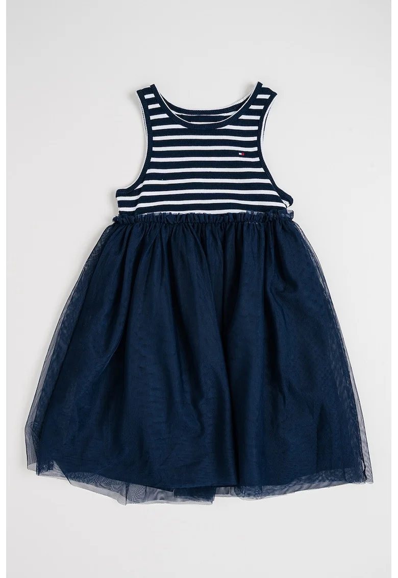 Rochie din tul cu dungi, Alb optic/Bleumarin