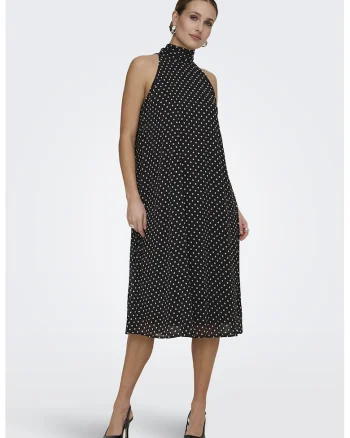Rochie midi cu decolteu halter si model cu buline, Negru