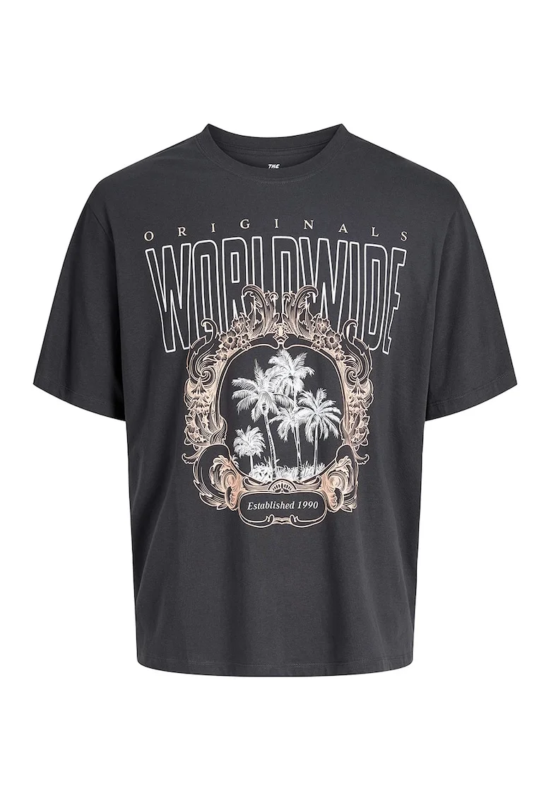 Tricou din bumbac organic cu imprimeu, Maro taupe/Gri inchis