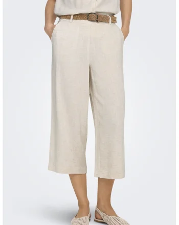 Pantaloni crop din amestec de in, Maro taupe deschis
