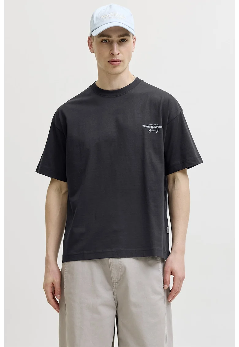 Tricou cu imprimeu grafic pe partea din spate, Negru/Albastru prafuit