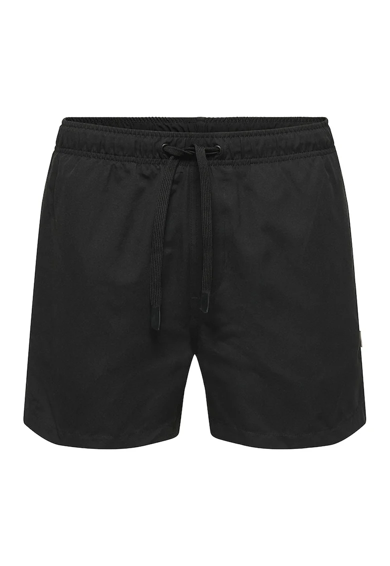 Pantaloni scurti de baie cu snur de ajustare in talie, Negru