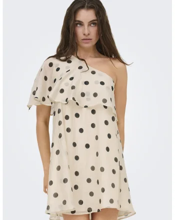 Rochie cu decolteu pe un umar si buline, Bej