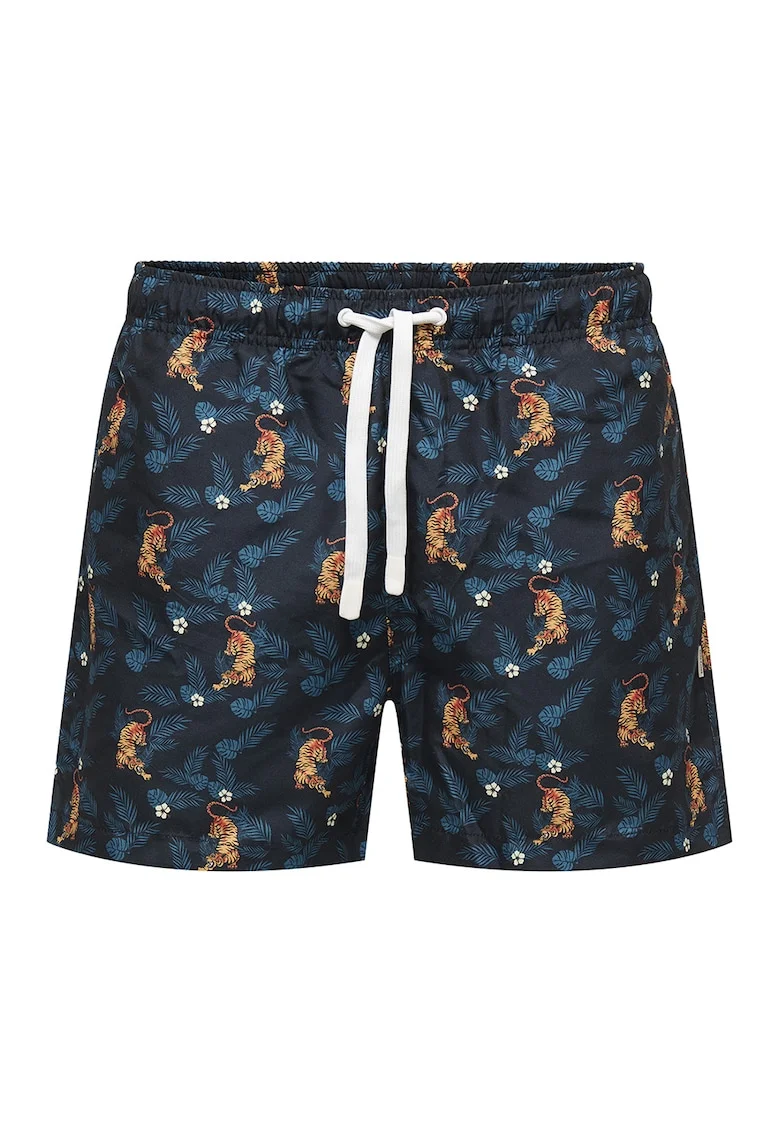 Pantaloni scurti de baie cu buzunar cu refilet pe partea din spate, Portocaliu/Bleumarin