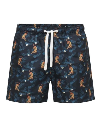 Pantaloni scurti de baie cu buzunar cu refilet pe partea din spate, Portocaliu/Bleumarin