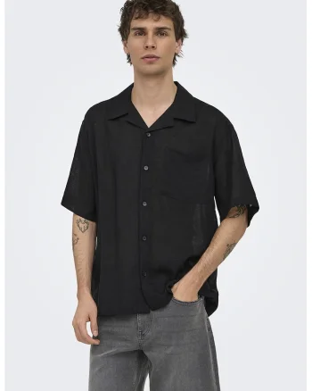 Camasa relaxed fit din amestec de in cu buzunar pe piept, Negru