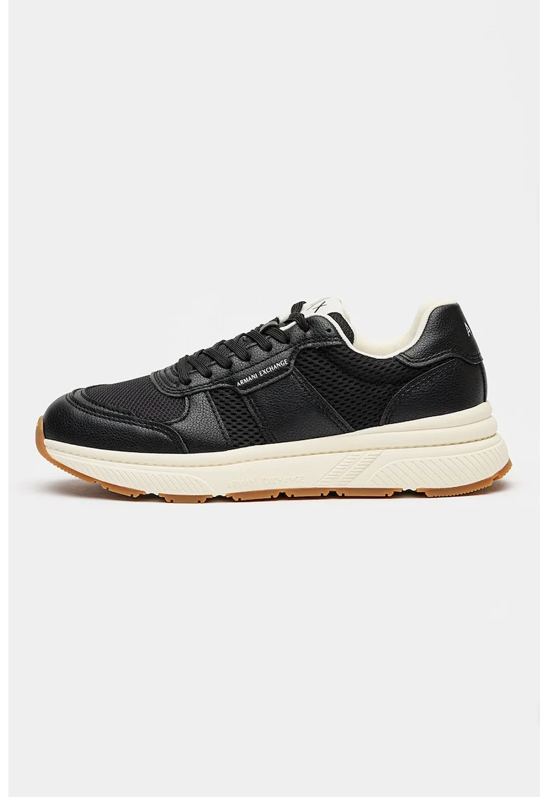 Pantofi sport cu piele ecologica si insertii din plasa, Negru stins