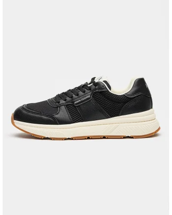 Pantofi sport cu piele ecologica si insertii din plasa, Negru stins