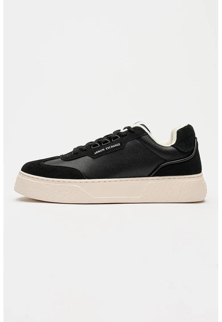 Pantofi sport low-cut din piele si piele ecologica, Negru stins/Gri antracit