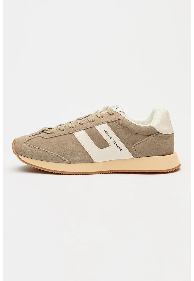 Pantofi sport din piele intoarsa cu garnituri din piele ecologica, Alb/Maro taupe deschis