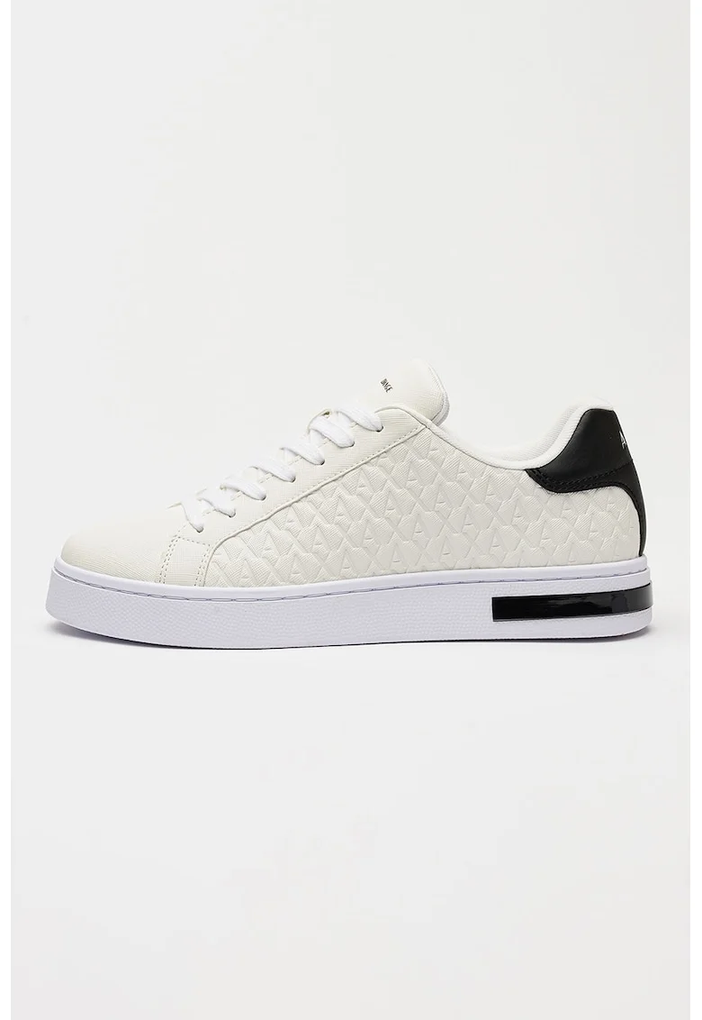 Pantofi sport din piele ecologica cu model monograma, Negru/Alb optic