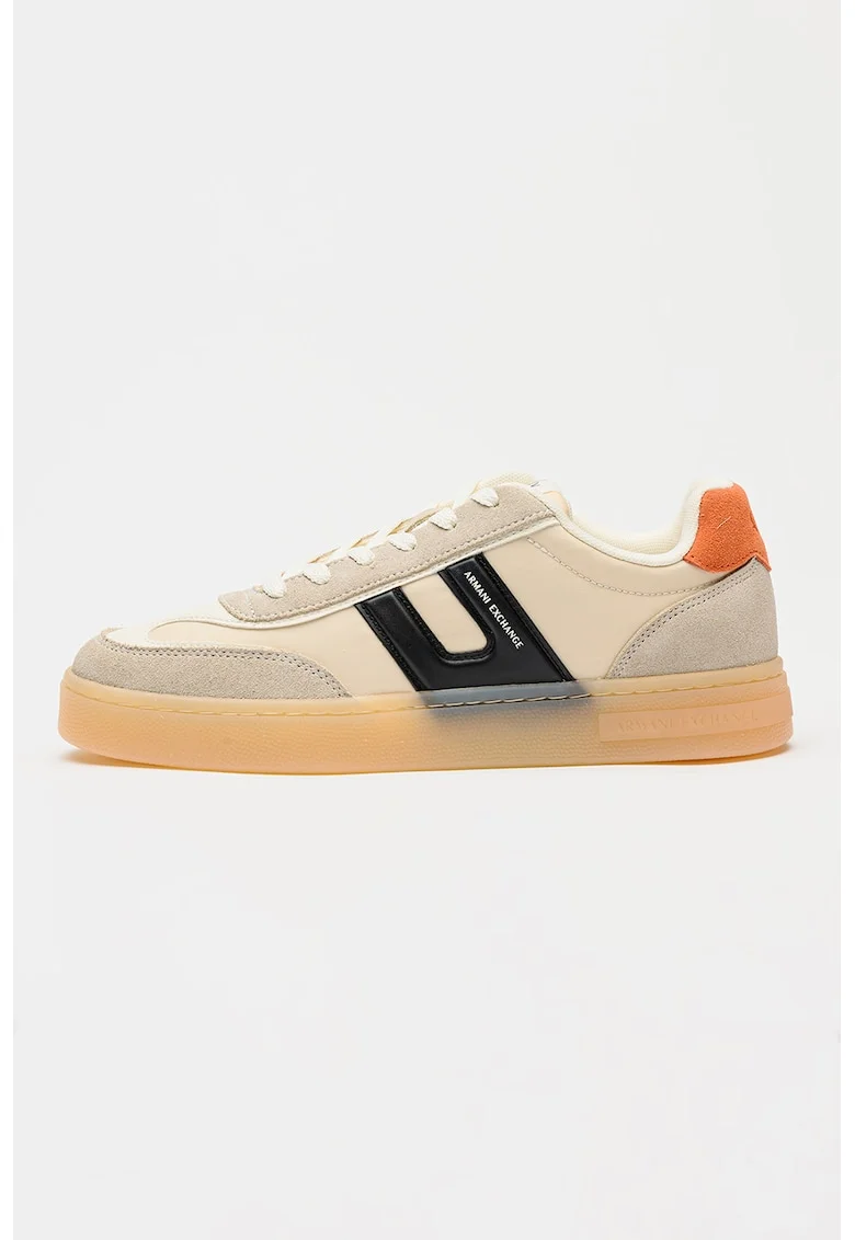 Pantofi sport low-cut cu garnituri din piele intoarsa, Alb fildes/Negru/Maro taupe deschis/Maro camel