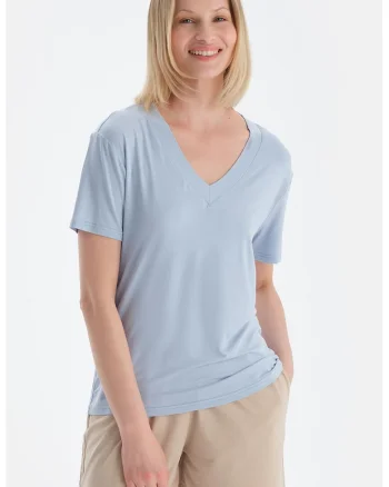 Tricou din amestec de modal cu decolteu in V, Albastru pastel
