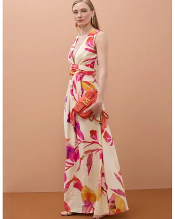 Rochie lunga cu model floral, Galben/Roz/Crem