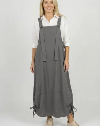Rochie sarafan lunga cu bretele si snur reglabil, din jerseu de bumbac, gri deschis