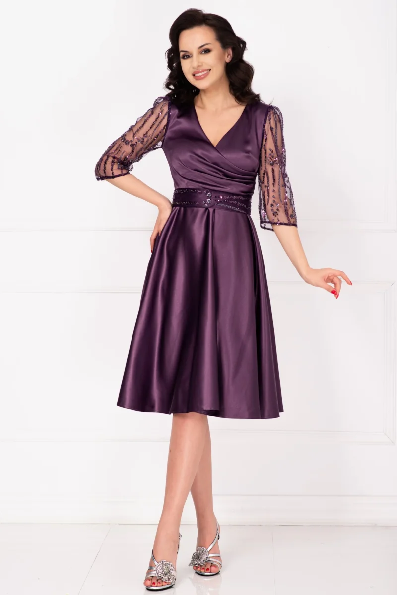 Rochie eleganta midi mov Britney in clos cu maneci din tulle