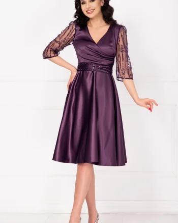 Rochie eleganta midi mov Britney in clos cu maneci din tulle