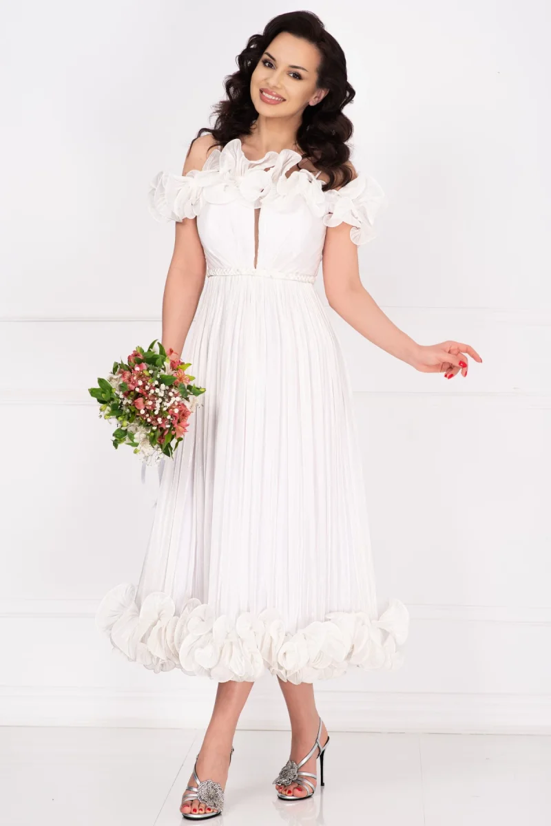 Rochie de cununie midi din organza alba Rosalyn cu volane romantice