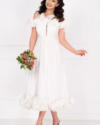 Rochie de cununie midi din organza alba Rosalyn cu volane romantice