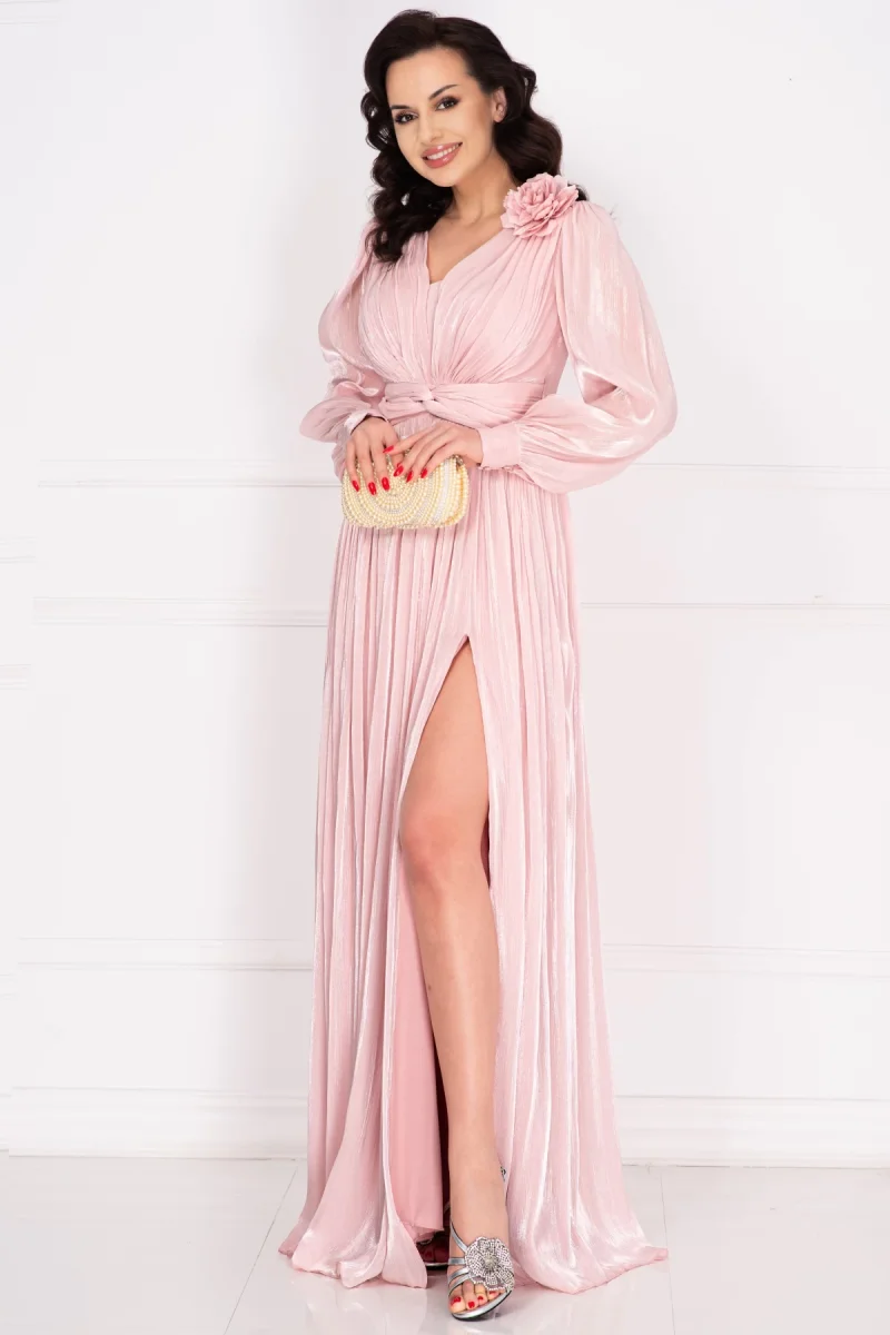 Rochie de seara eleganta Gabriella roz cu drapaje si floare 3D